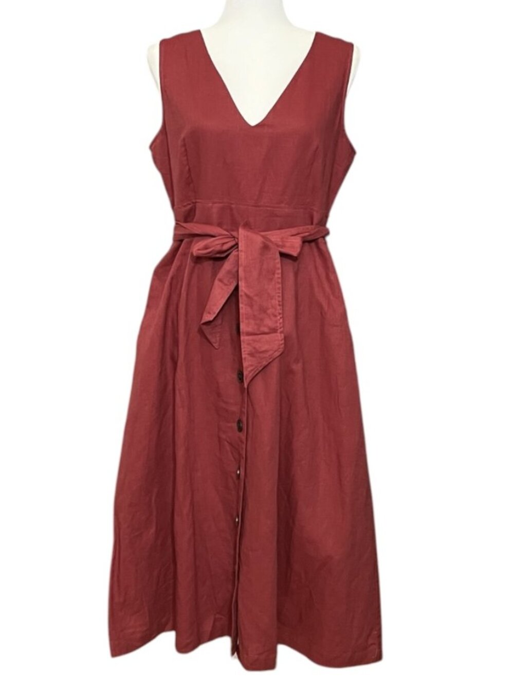NWOT GAP Linen Blend Midi Dress Red Size 10 Sleeveless Button Belted Pockets - Picture 2 of 11
